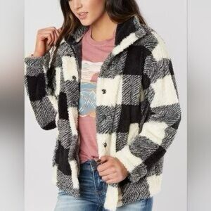 ◆ Anthropologie Thread&Supply Black White Check Sherpa Teddy Jacket Size M EUC